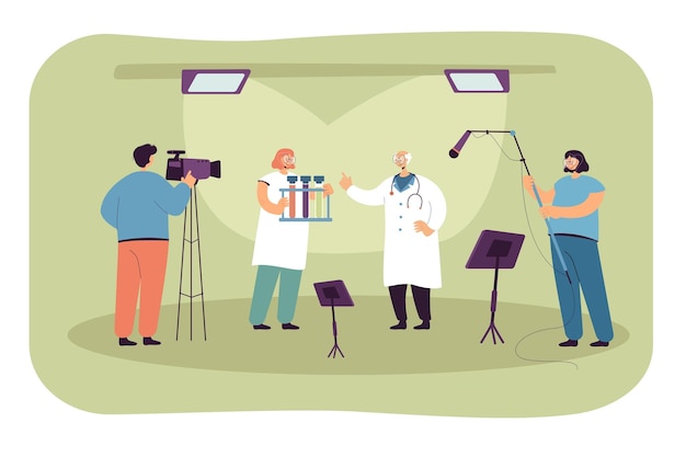 People shooting video report about scientific research. Scientists conducting experiment on camera in studio flat vector illustration. Science, media concept for banner, website design or landing page