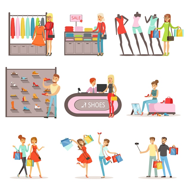 People shopping and buying clothes and shoes set, clothing store interior colorful  Illustrations 