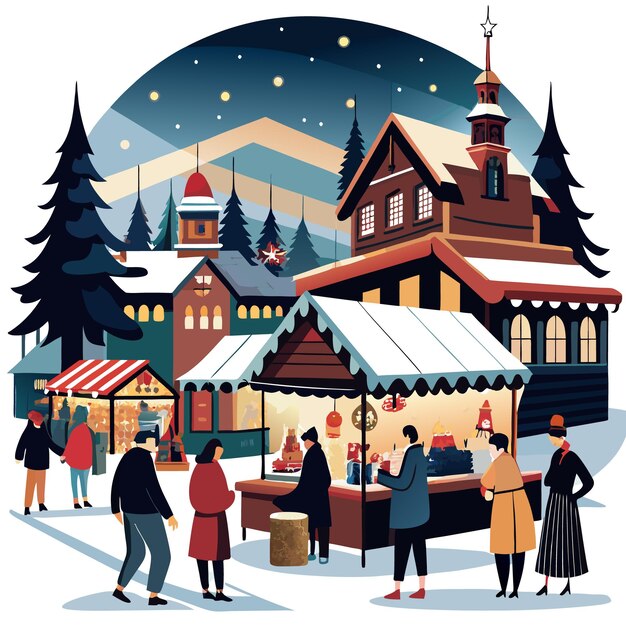 People shopping at a Christmas market in a snowy village