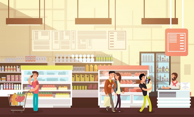 People shopping in grocery store. Supermarket retail interior with customers flat vector illustration