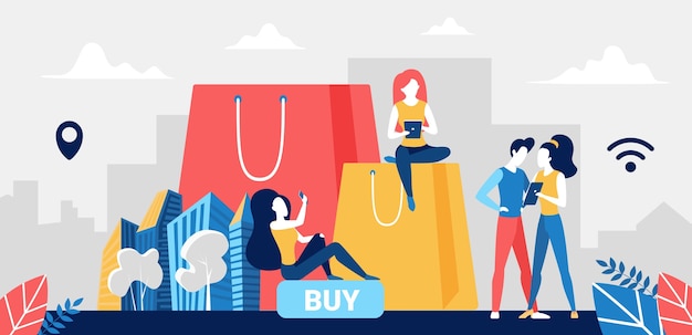 People shopping online using a mobile app illustration