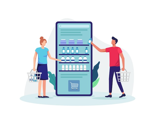 People shopping online with holding basket, Online groceries store concept. illustration flat style