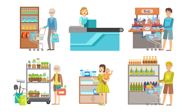 People Shopping at the Supermarket Set Men and Women Buying Products on Shelves Shopping Mall Center Interior Vector Illustration