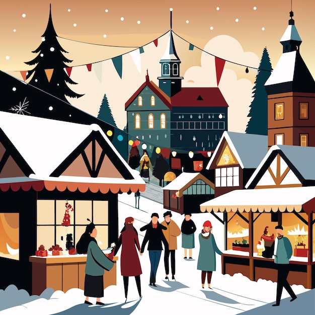 People shopping at a winter market in a snowy village