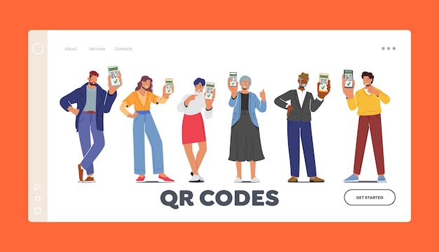 Vector people show th qr code on device landing page template vaccinated men and women using digital health passports of vaccination young and elderly characters immunization cartoon vector illustration