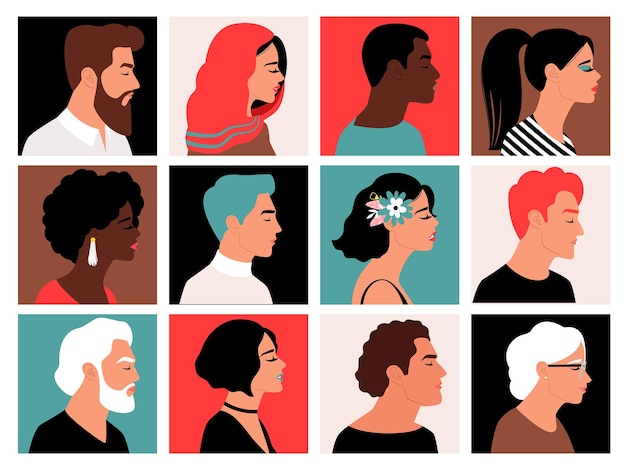 People side faces. Profile face set, muslim and black women, young and bearded men heads avatars characters, simple guy and girl human persons vector illustration