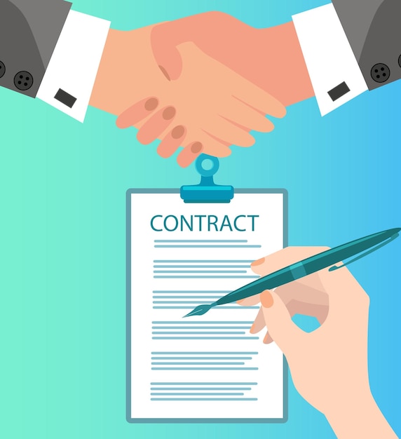 Vector people signing a contractthe image contains hands making a handshake and a hand signing a document