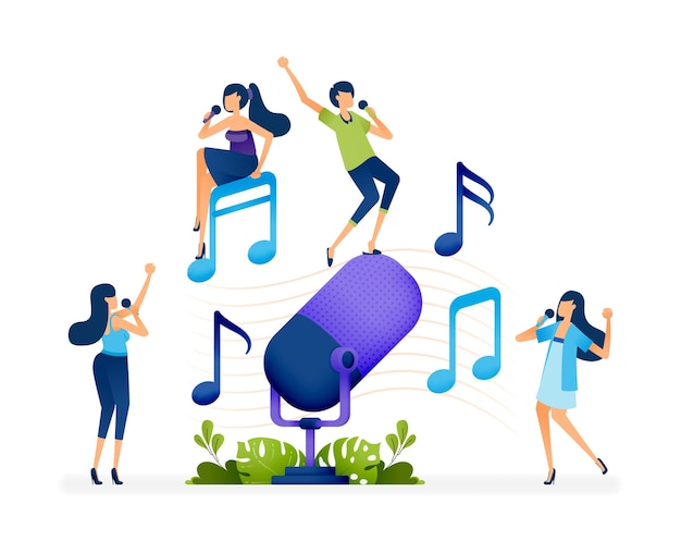 People sing and karaoke merrily to the rhythm of block notation and giant microphones