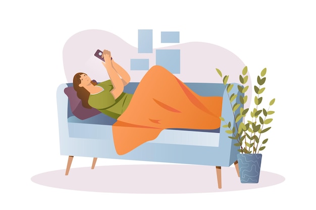 People sit in gadgets concept with people scene in the flat cartoon style The girl is resting