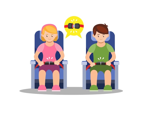 People sit wearing passenger seat belt in plane transportation instruction symbol illustration