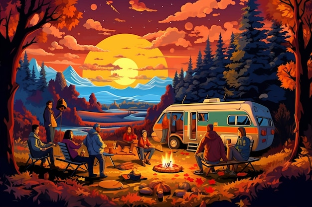 People Sitting Around Fire in Autumn