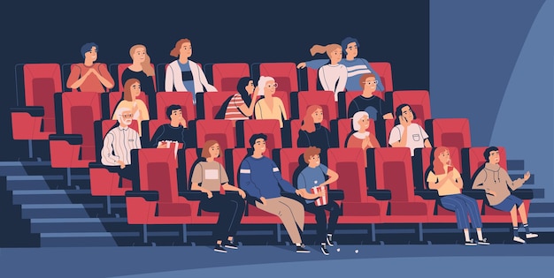 People sitting in chairs at movie theater or cinema auditorium. Young and old men, women and children watching film or motion picture. Viewers or moviegoers. Flat cartoon vector illustration.