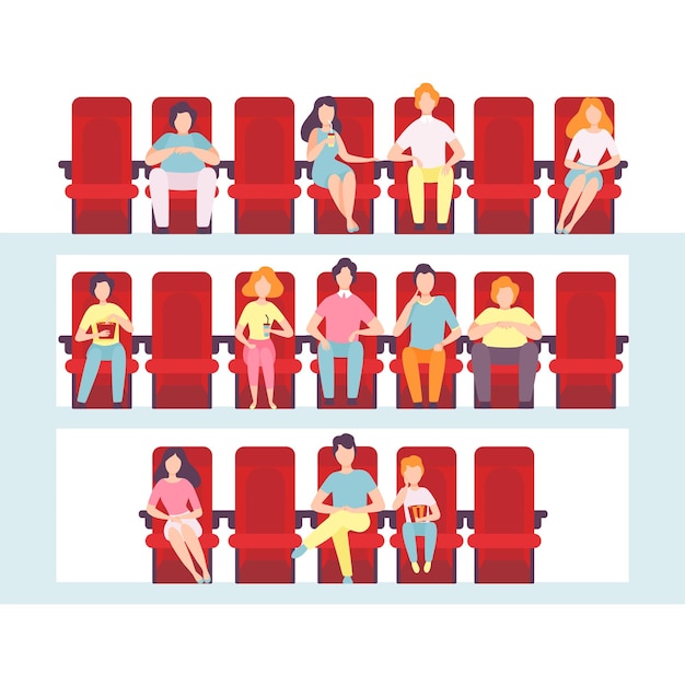 People Sitting in Cinema Hall Men Women and Children Watching Film Eating Popcorn and Drinking Soda in Movie Theater Vector Illustration on White Background