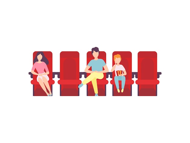 Vector people sitting in cinema theatre and watching movie vector illustration on white background