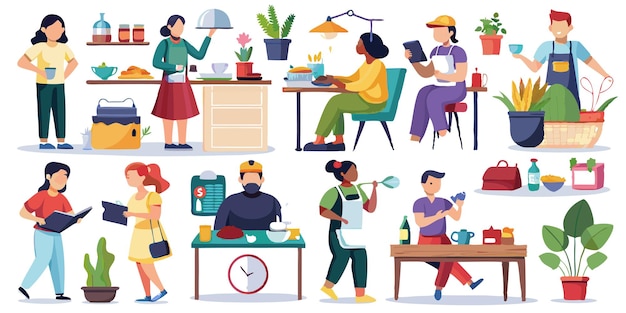 Vector people sitting and standing in cafe shop and kitchen