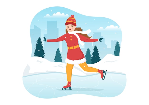 People Skating on Ice Rink for Outdoor Activity in Flat Cartoon Hand Drawn Templates Illustration