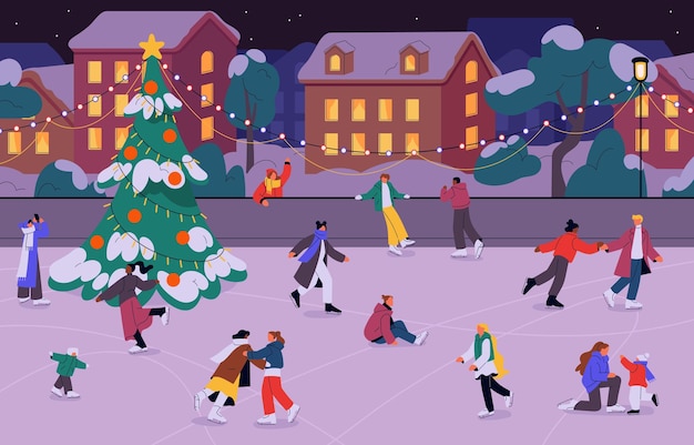 People skating on icerink on winter holiday Happy active characters skaters outdoor in town city with Christmas decoration Xmas fir tree Wintertime fun vacation Flat vector illustration