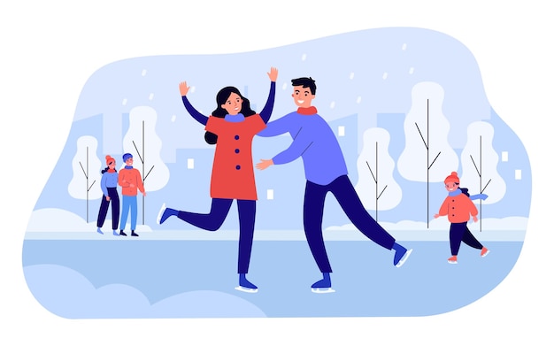 People skating in winter park. Happy friends men and women relaxing on skate rink. Winter sport activities, leisure weekend time concept. Flat vector cartoon illustration, web page landing.