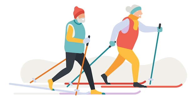 People skiing. Old couple walking on skis at winter