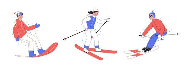 People skiing and snowboarding winter sport activities snow winter sports flat vector illustrations