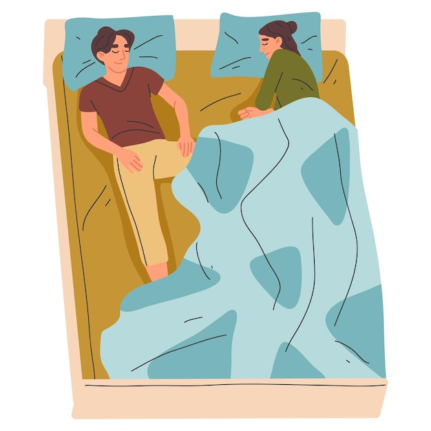 People sleeping in bed resting characters tired couple resting flat vector illustration on white