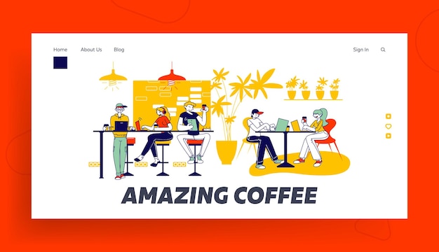 People Spend Leisure Time with Gadgets in Cafe Landing Page Template.