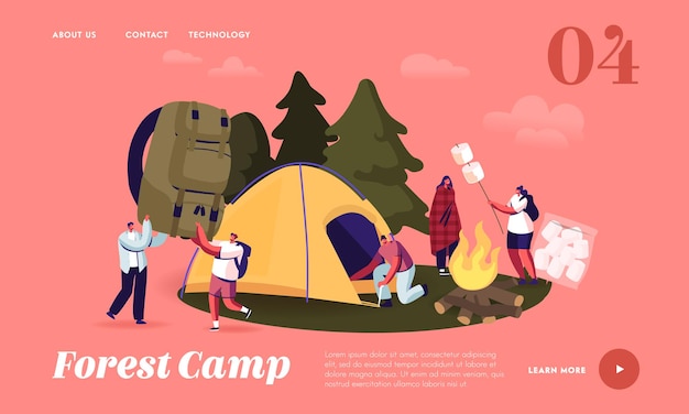 People Spend Time at Camp in Forest Landing Page Template. Tourist Company Characters Set Up Tent, Frying Marshmallow on Campfire. Friends Hiking with Backpack on Vacation. Cartoon Vector Illustration