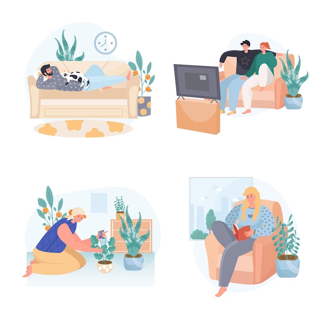 People spend weekend at home concept scenes set vector illustration of characters