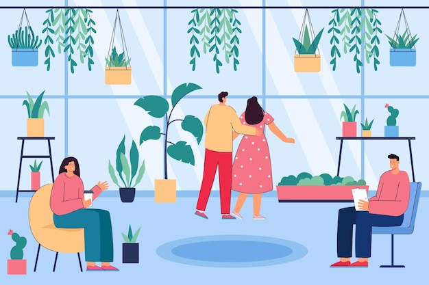 People spending time in greenhouse flat vector illustration. Friends talking in home garden, devoting time to hobby. Couple looking at plants in flower pots. Recreation, botanical concept