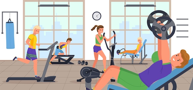 People at sport gym Fitness characters in training Men and women engaged in sports simulators Workout and stretch Sportsmen running on treadmill or lifting dumbbells Vector concept