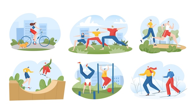 People in sport outdoor activity illustration set