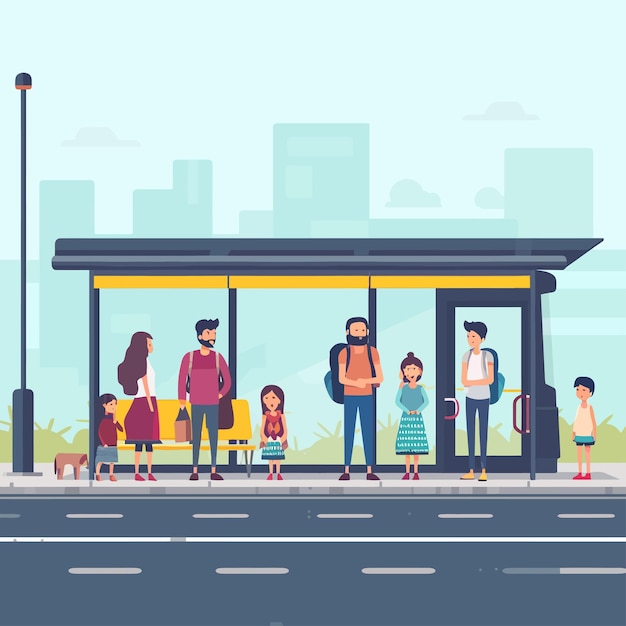 Vector people_standing_at_bus_stop_in_city