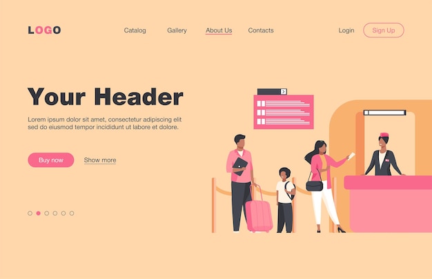 People standing at flight registration counter. Family, baggage, ticket flat  landing page. Travelling and vacation concept for banner, website design or landing web page