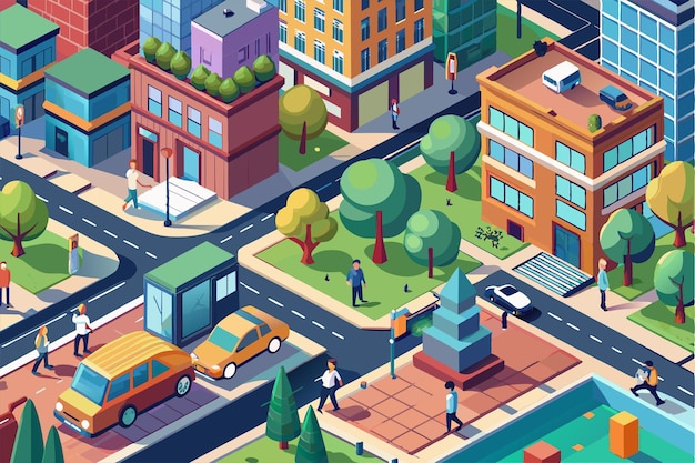 Vector people stroll through a bustling city surrounded by modern buildings cars and green spaces walk in the city customizable isometric illustration