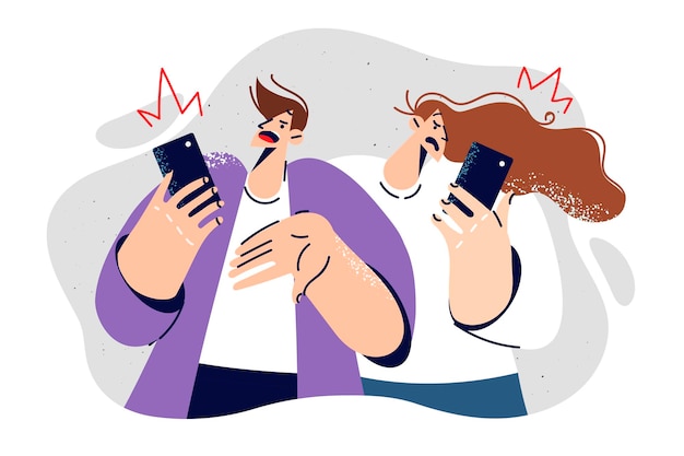 People suffer from problems with mobile communication and lack of network causing freezes during phone calls Young man and woman look at smartphones with dismay due to lack of 5G network