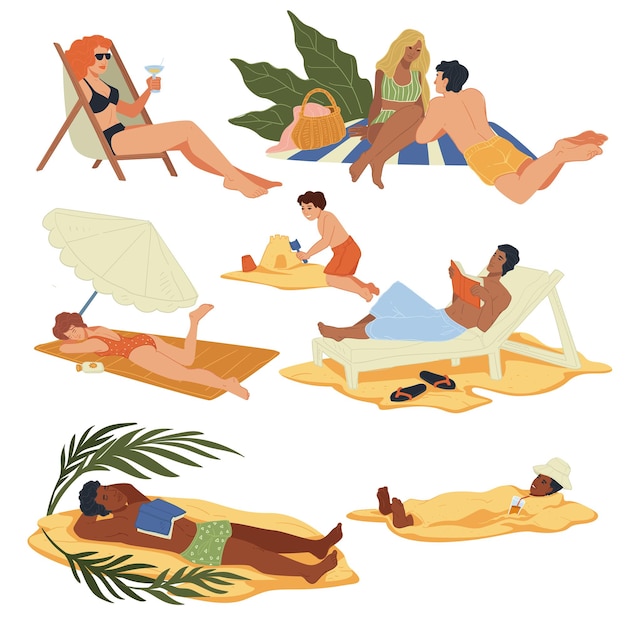 People on summer vacations spending time by seaside or coast. Men and women sunbathing and relaxing by shore, sunbathing and tanning, drinking cocktails and having talk. Vector in flat style