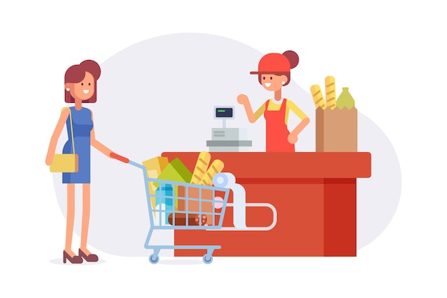 People in supermarket or grocery flat vector illustration Cartoon characters