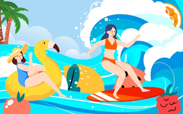 People surfing on the beach in summer with various fruits and waves in the background vector