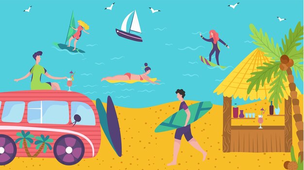 Vector people surfing in ocean seaside beach summer vacation bungalow bar with cocktails vector illustration