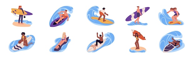 People surfing on water waves standing on board Active men women riding surfboards on summer holidays vacation at sea resort Flat graphic vector illustrations isolated on white background