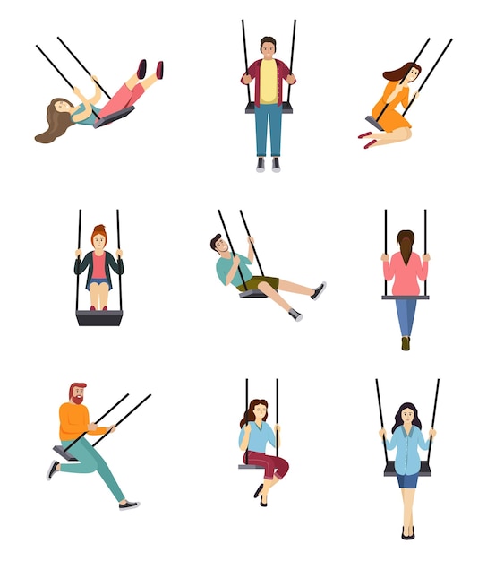 People swing adults characters dreaming and riding on swing Vector male and female persons