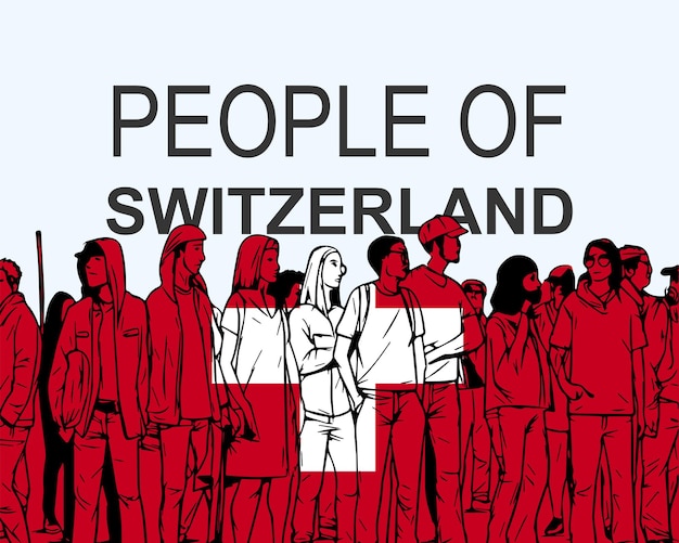 People of Switzerland with flag silhouette of many people gathering idea