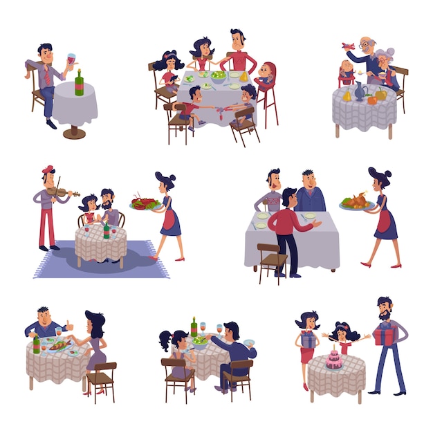 People at table flat cartoon illustrations kit. Men and women having dinner, eating together. Family supper, friends meeting. Ready to use 2d comic character set templates for commercial, animation