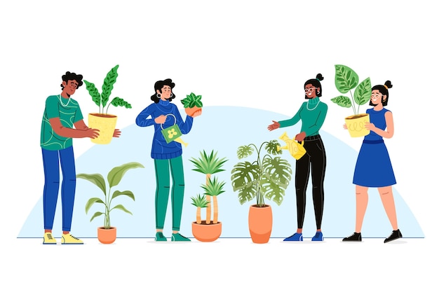 People taking care of plants flat design