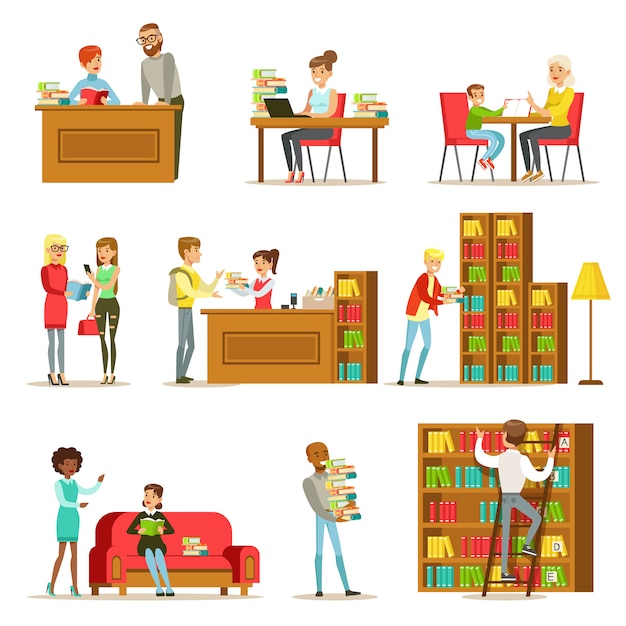 People Talking And Reading Books In Library Set Of Illustrations