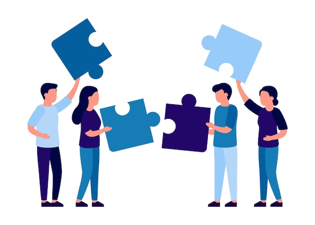 People team assembling parts jigsaw puzzle Work and business partnership man and woman concept