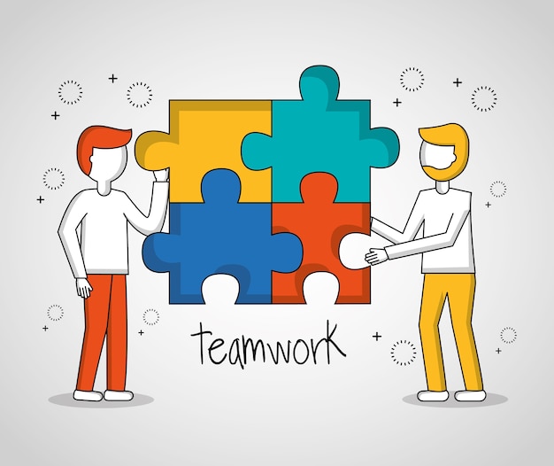 people teamwork boy holding puzzle vector illustration