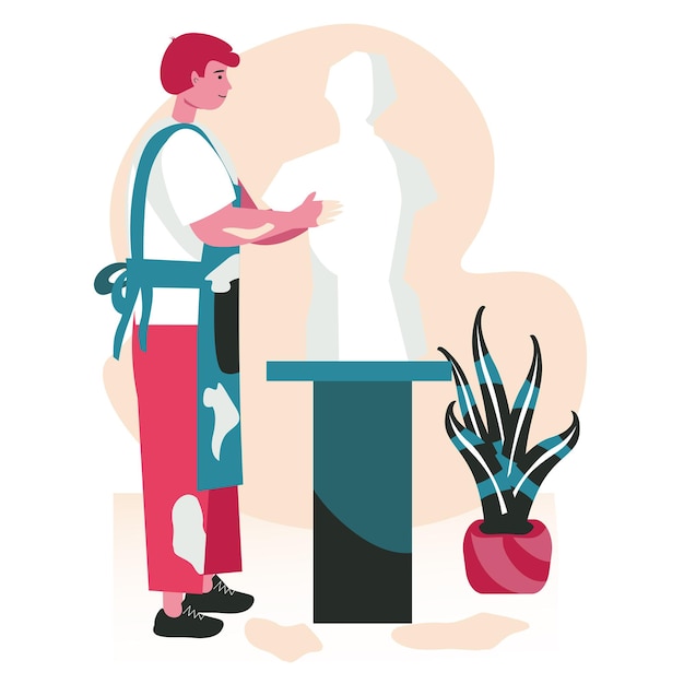 Vector people do their favorite hobby scene concept. sculptor in apron creates sculpture. man learning to make statue in art studio people activities. vector illustration of characters in flat design