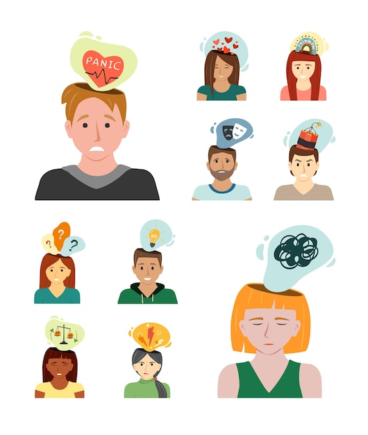 People thinking visualization of different mental problems in peoples mind various emotions and feelings KW vector cartoon templates