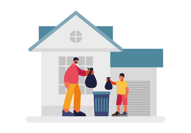 People throw out trash illustration. Male contented character and child holding black garbage plastic bags in front of iron container. Cleaning in private house and on territory vector flat.